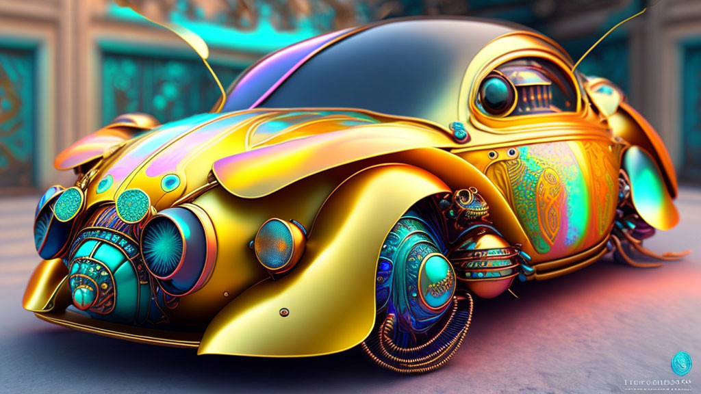 Futuristic beetle-shaped car with intricate metallic finish