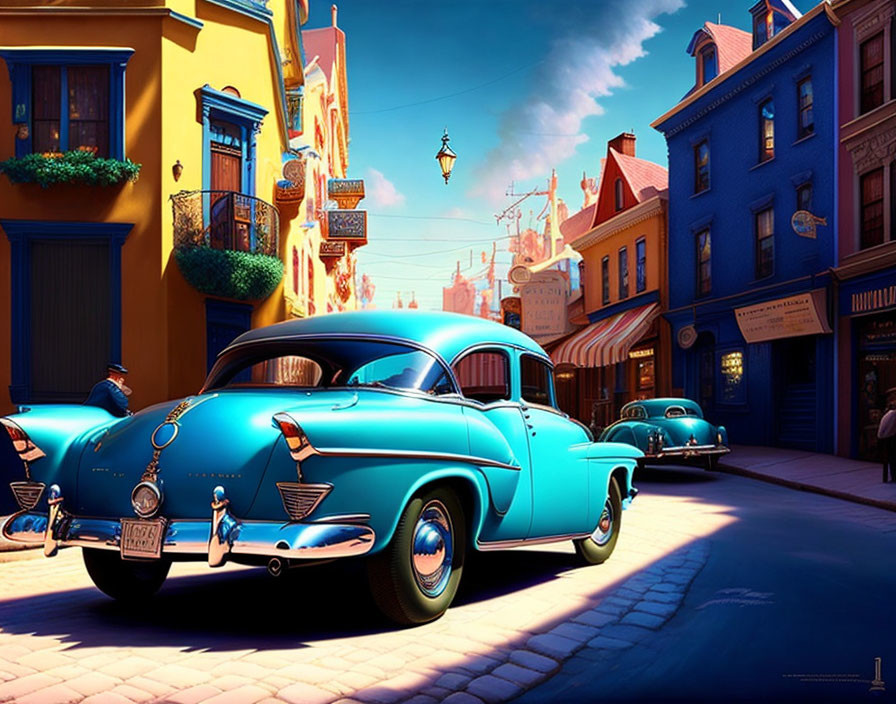 Vintage Blue Car Parked on Sunny Street with Colorful Buildings