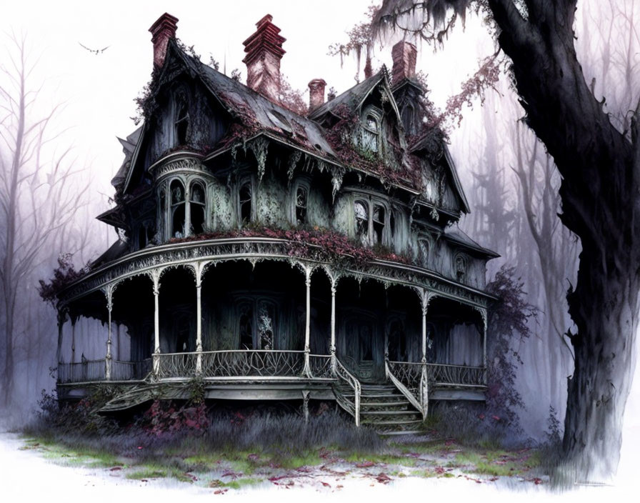 Eerie Gothic-style mansion with barren trees and mist, dilapidated structure, overgrown foliage.