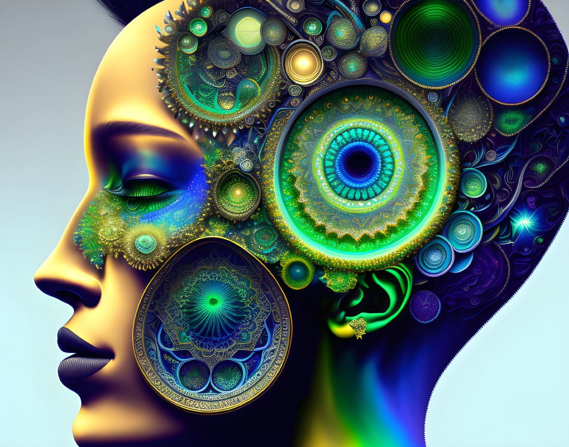 Vibrant digital artwork featuring intricate mechanical and fractal brain patterns