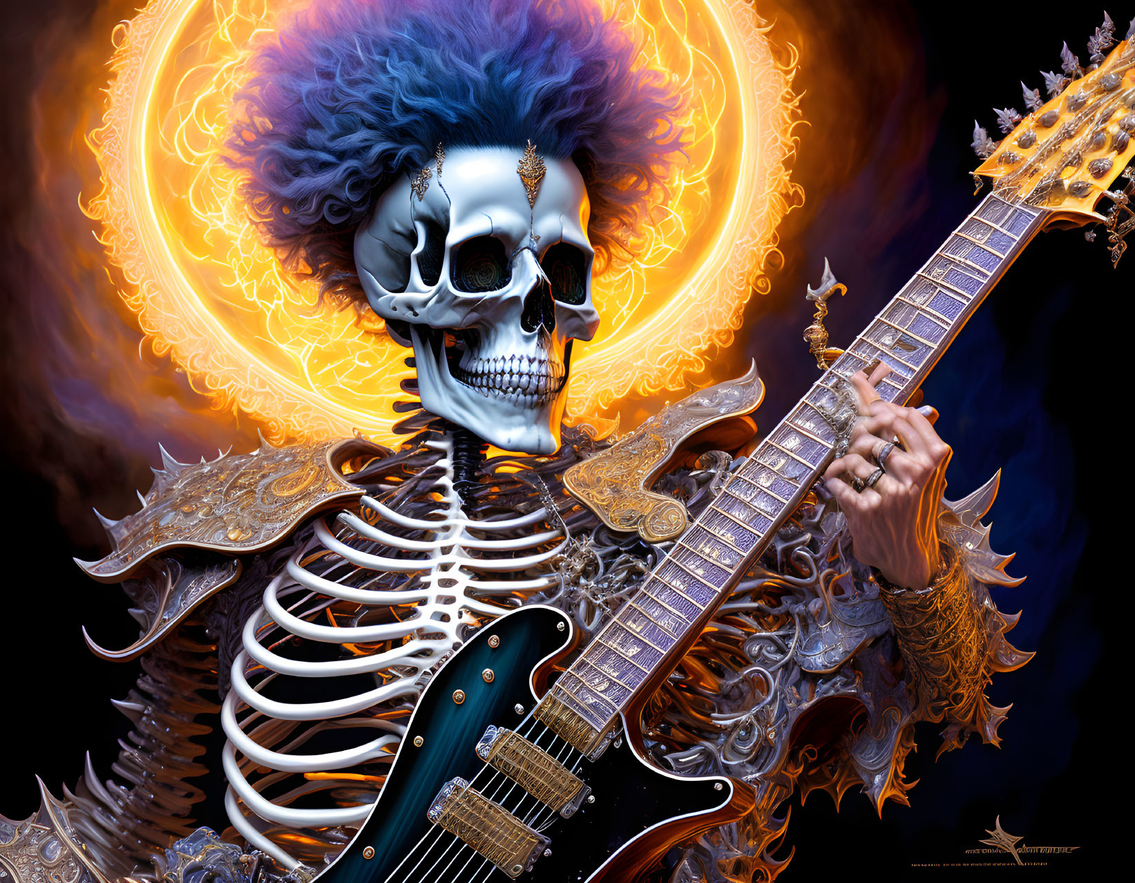 Skeleton in bone armor plays electric guitar with fiery halo and blue hair