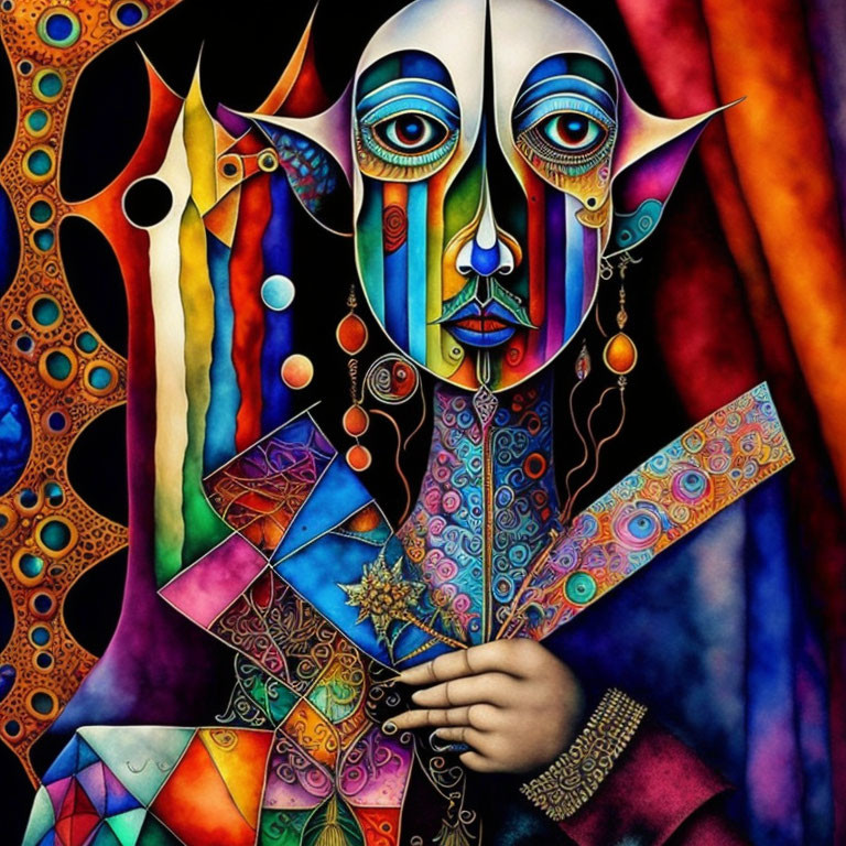 Colorful Painting of Stylized Figure with Multiple Eyes and Geometric Patterns