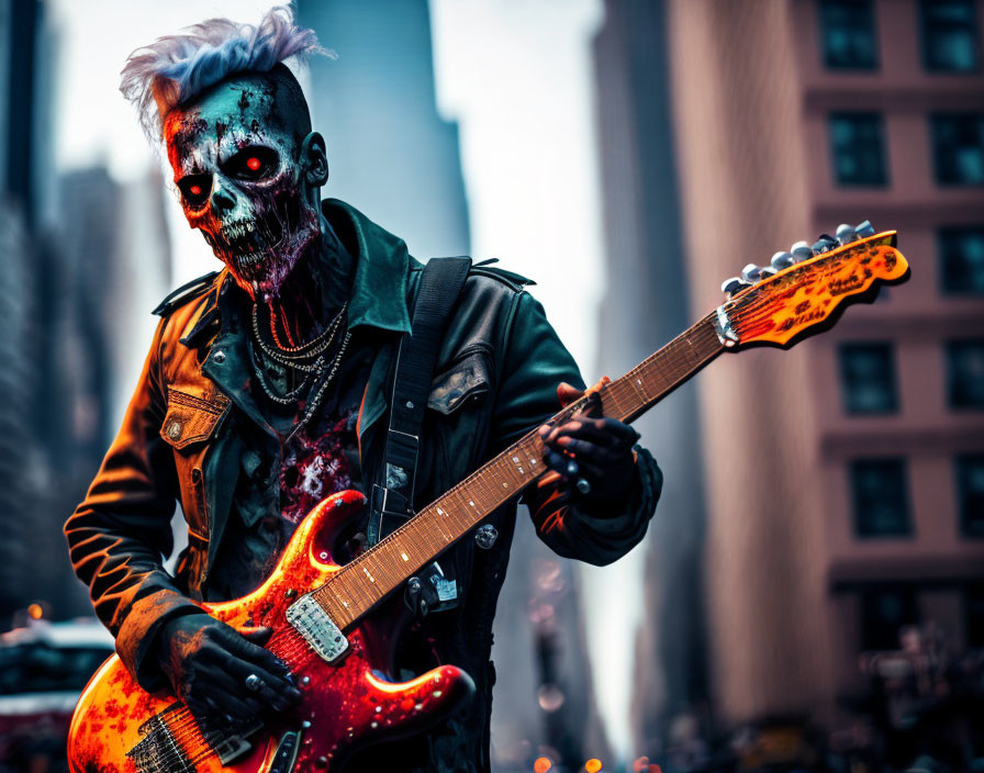 Zombie in makeup playing red electric guitar in city street