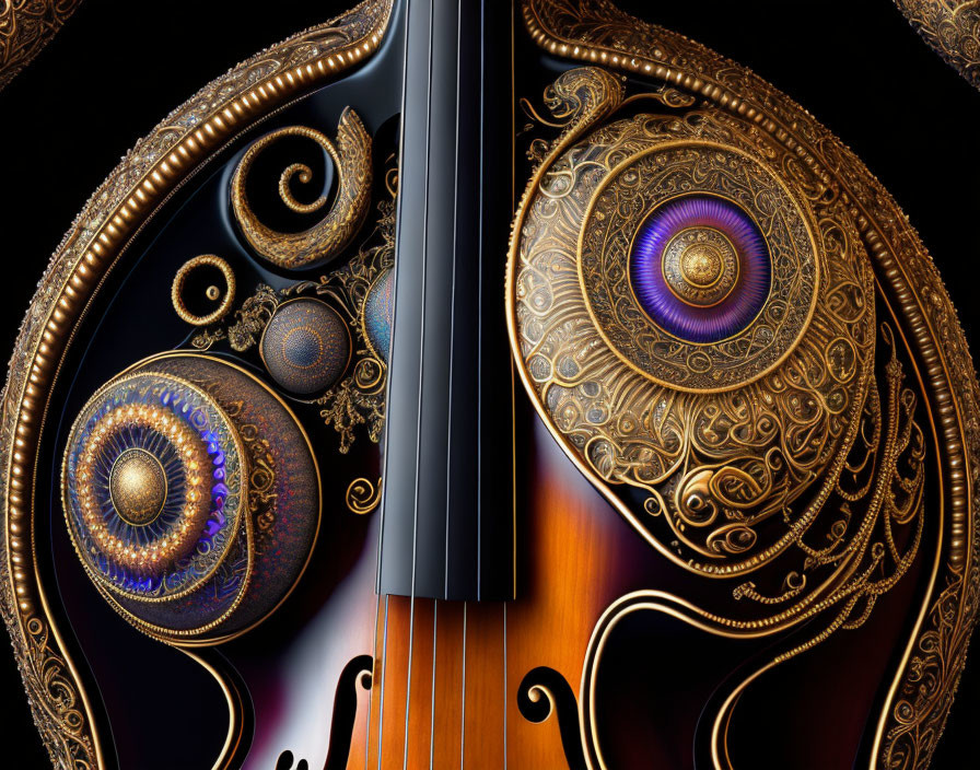 Close-up of violin against ornate, golden shield with colorful patterns