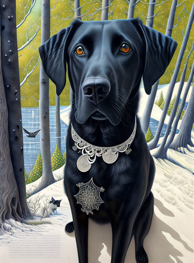 Black Dog with Silver Necklace in Birch Forest Scene