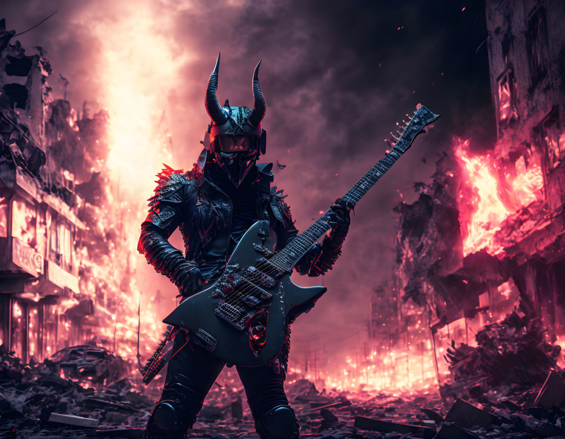 Demonic figure in spiked armor plays electric guitar in fiery urban scene