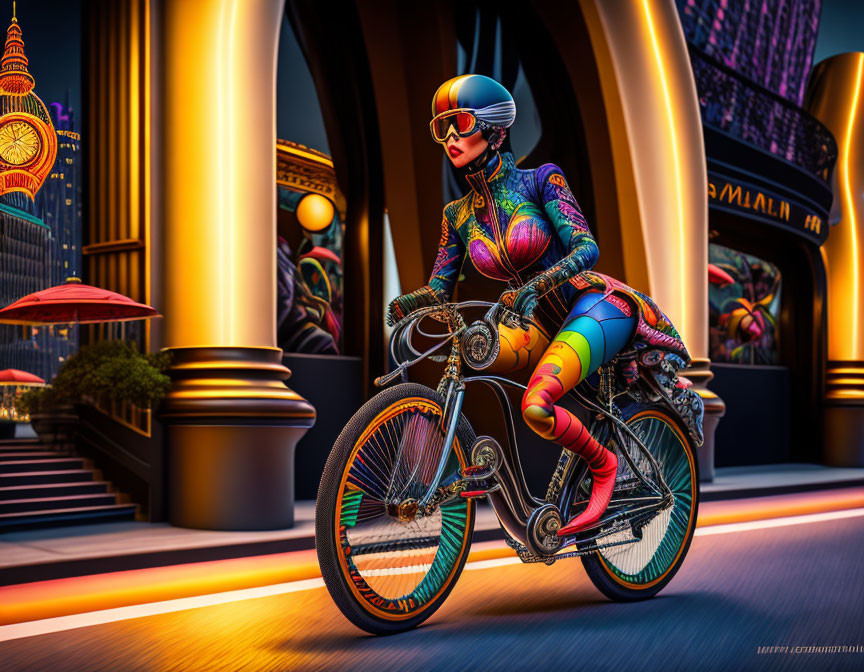 Futuristic motorcycle rider in vibrant suit on illuminated city street