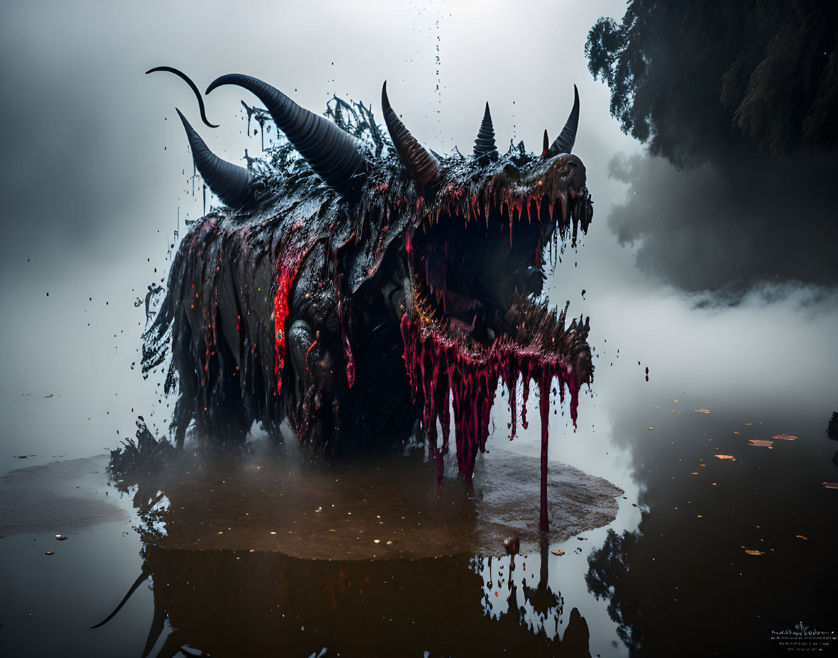 Sinister creature with sharp horns and glowing red accents in misty landscape