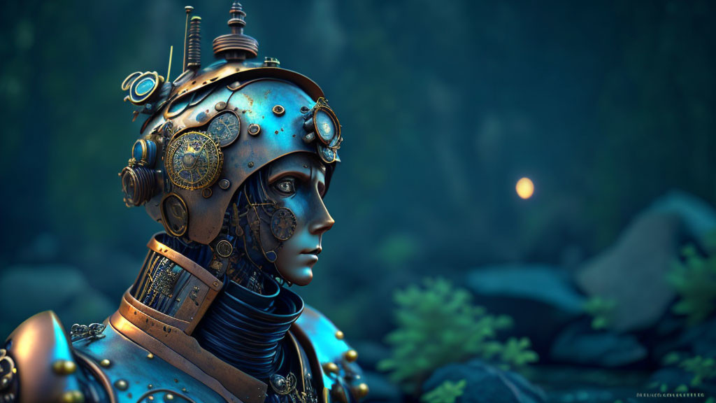 Intricate humanoid robot with brass gears in forest setting