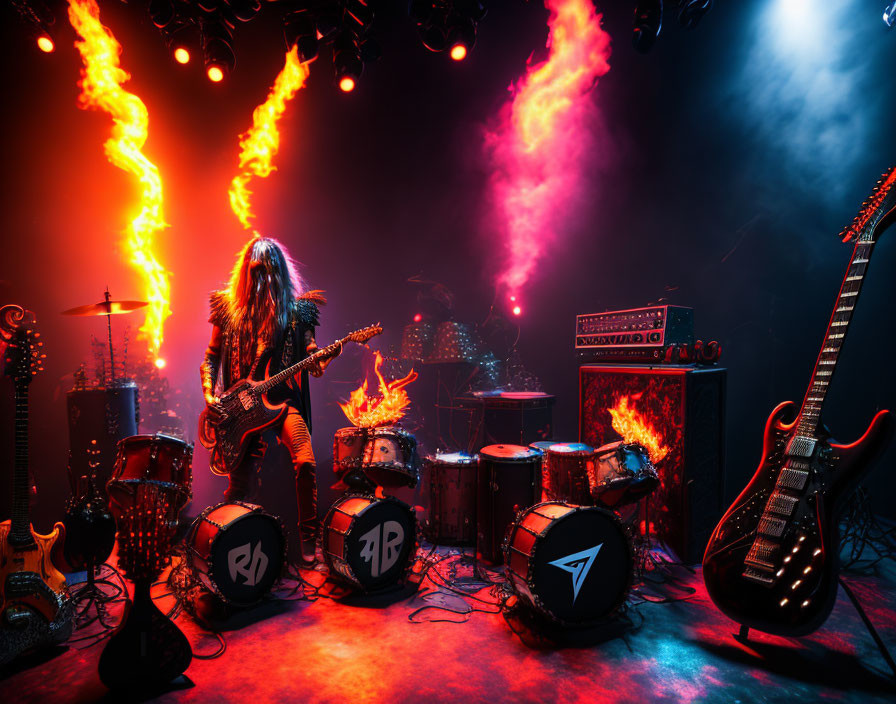 Long-haired guitarist on stage with fiery effects and musical equipment.