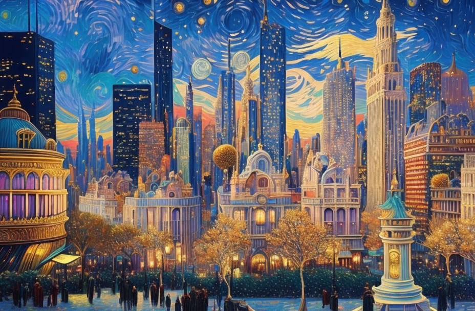 Colorful Van Gogh-style night cityscape with iconic buildings and people.