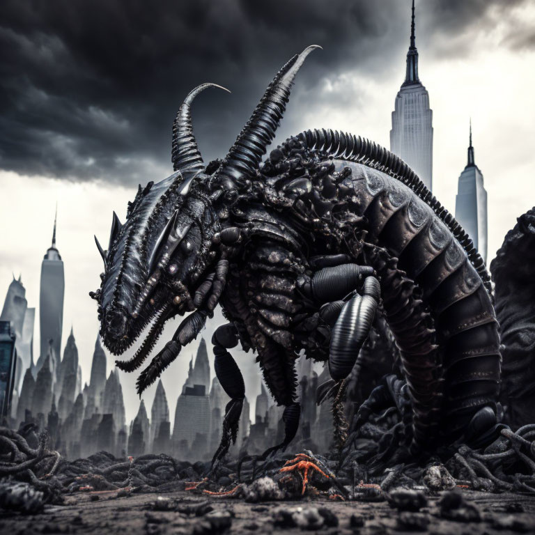 Monstrous creature with horns and armored plating in urban landscape under stormy sky