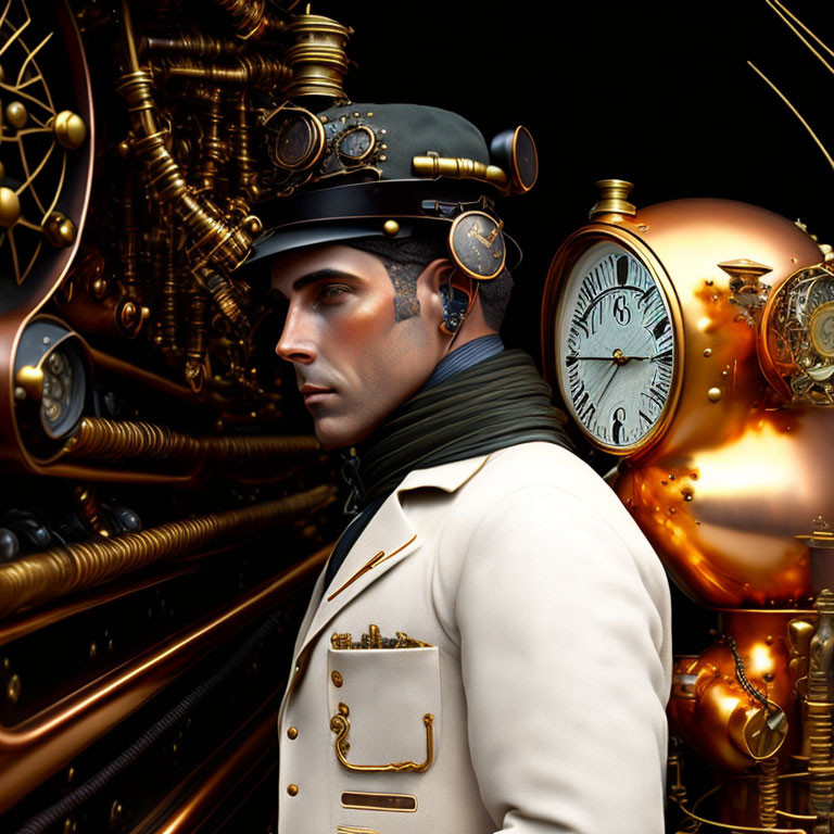 Steampunk-themed digital artwork of a man in mechanical setting