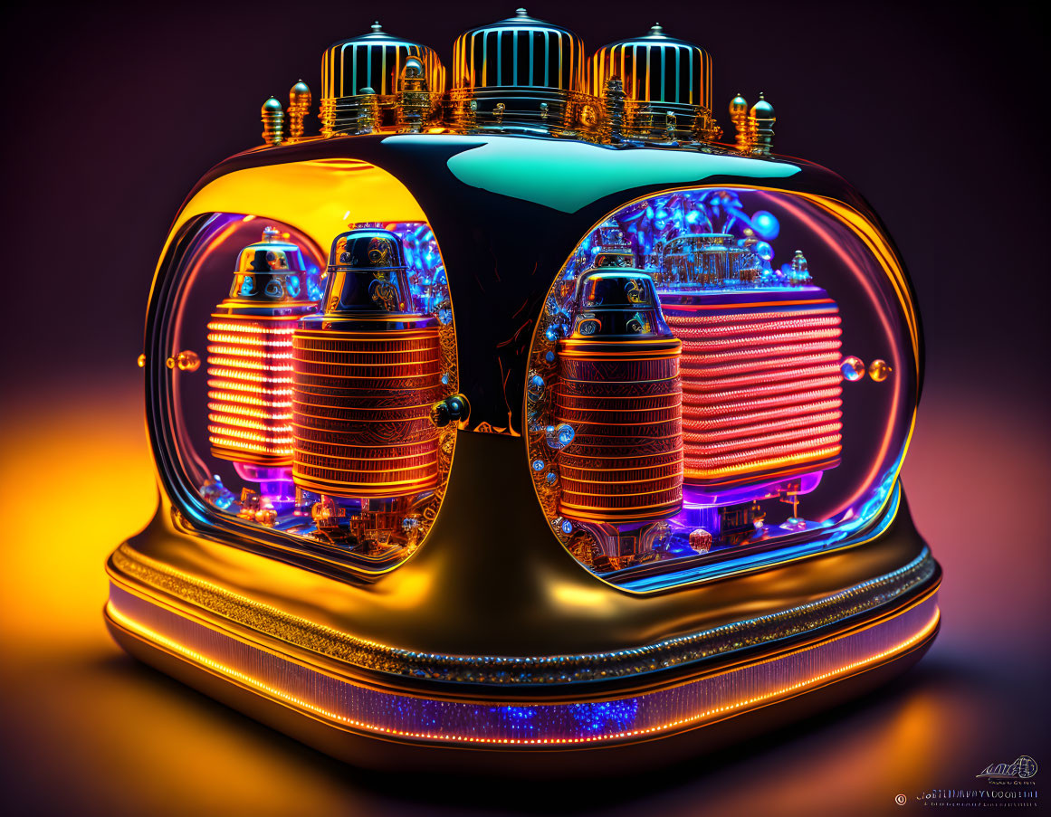 Futuristic glowing amplifier with vacuum tubes on black and gold body
