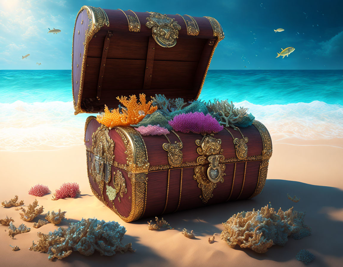 Colorful Coral Inside Ornate Open Treasure Chest on Sandy Beach