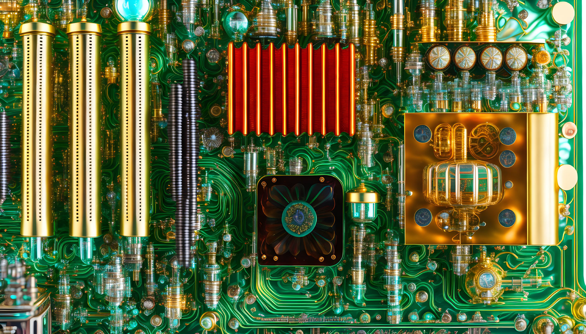 Vibrant computer motherboard with gold and red accents