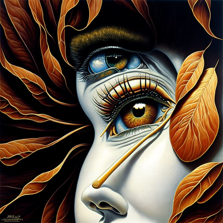 Detailed Artwork: Woman's Eye Among Golden Leaves and Pencil