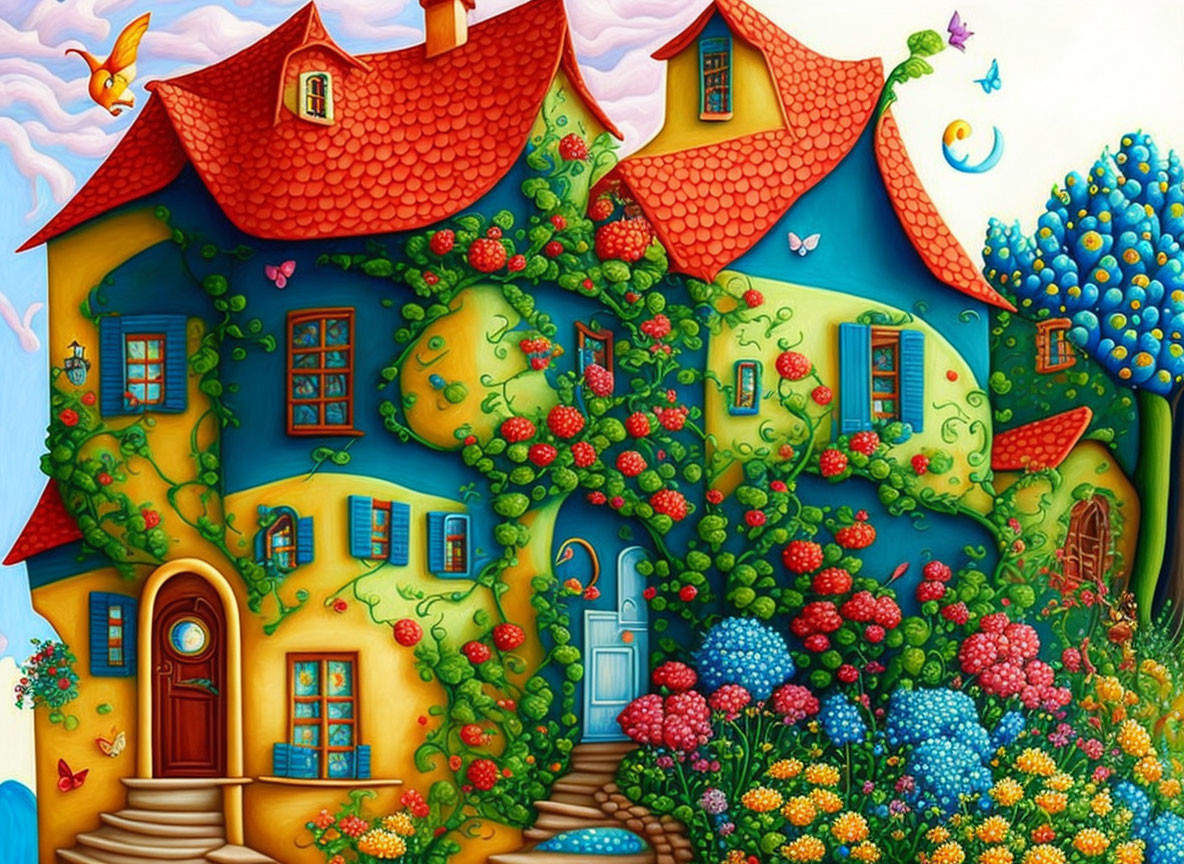 Colorful Whimsical Cottage Painting with Nature and Birds