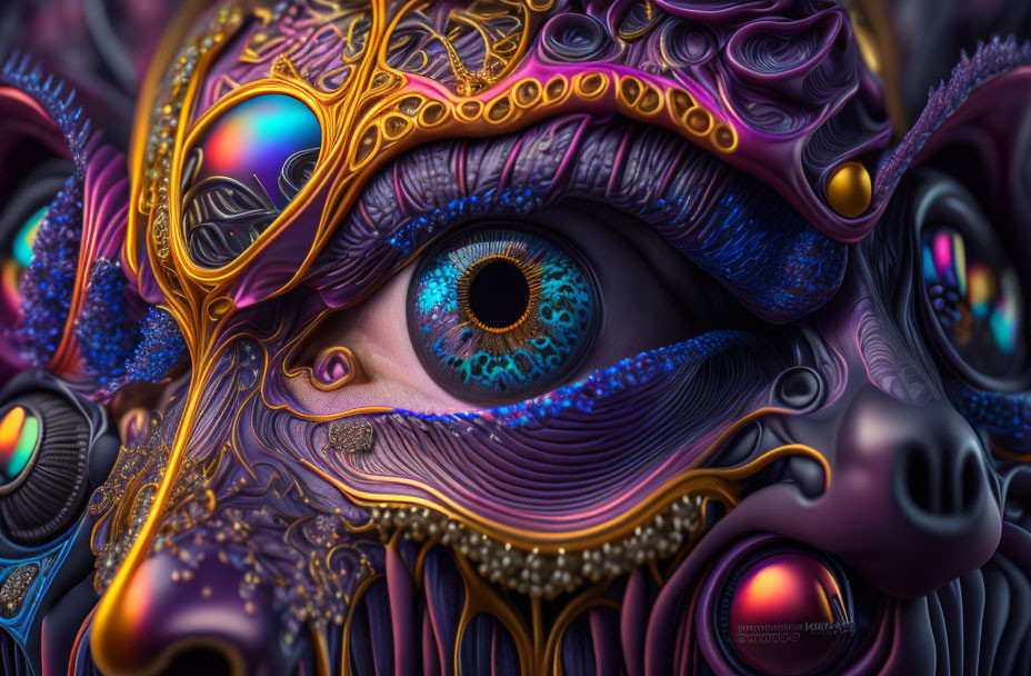 Abstract digital art: Human eye with ornate metallic designs