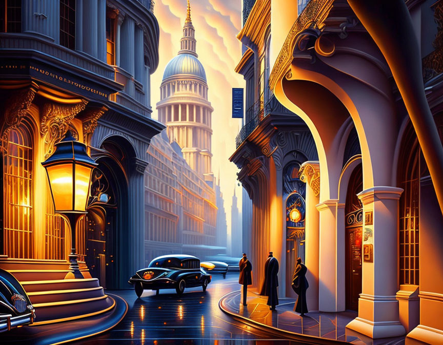 Vibrant city scene at dusk with classical architecture and vintage car