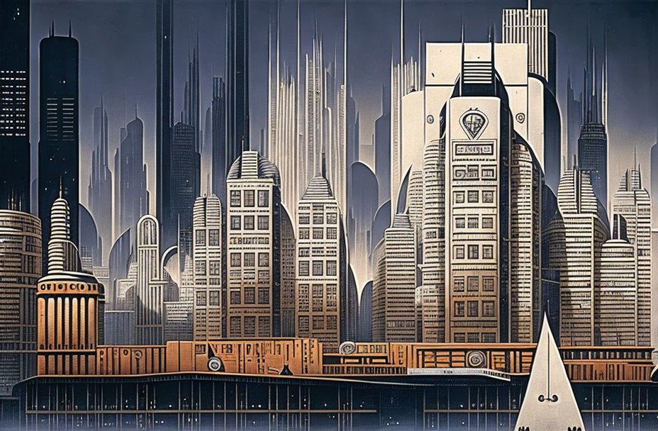 Futuristic cityscape illustration in Art Deco style