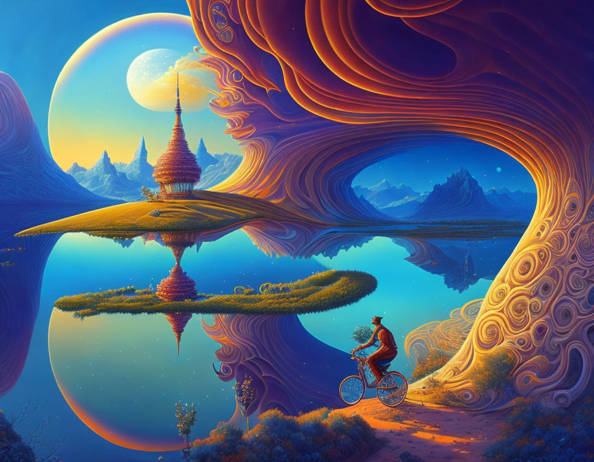 Surreal landscape with cyclist, reflective lake, temple, moon & whimsical clouds