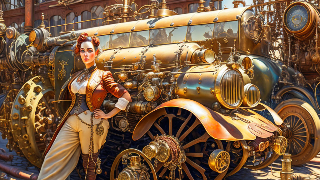 Steampunk woman next to vintage brass vehicle with gears and pipes