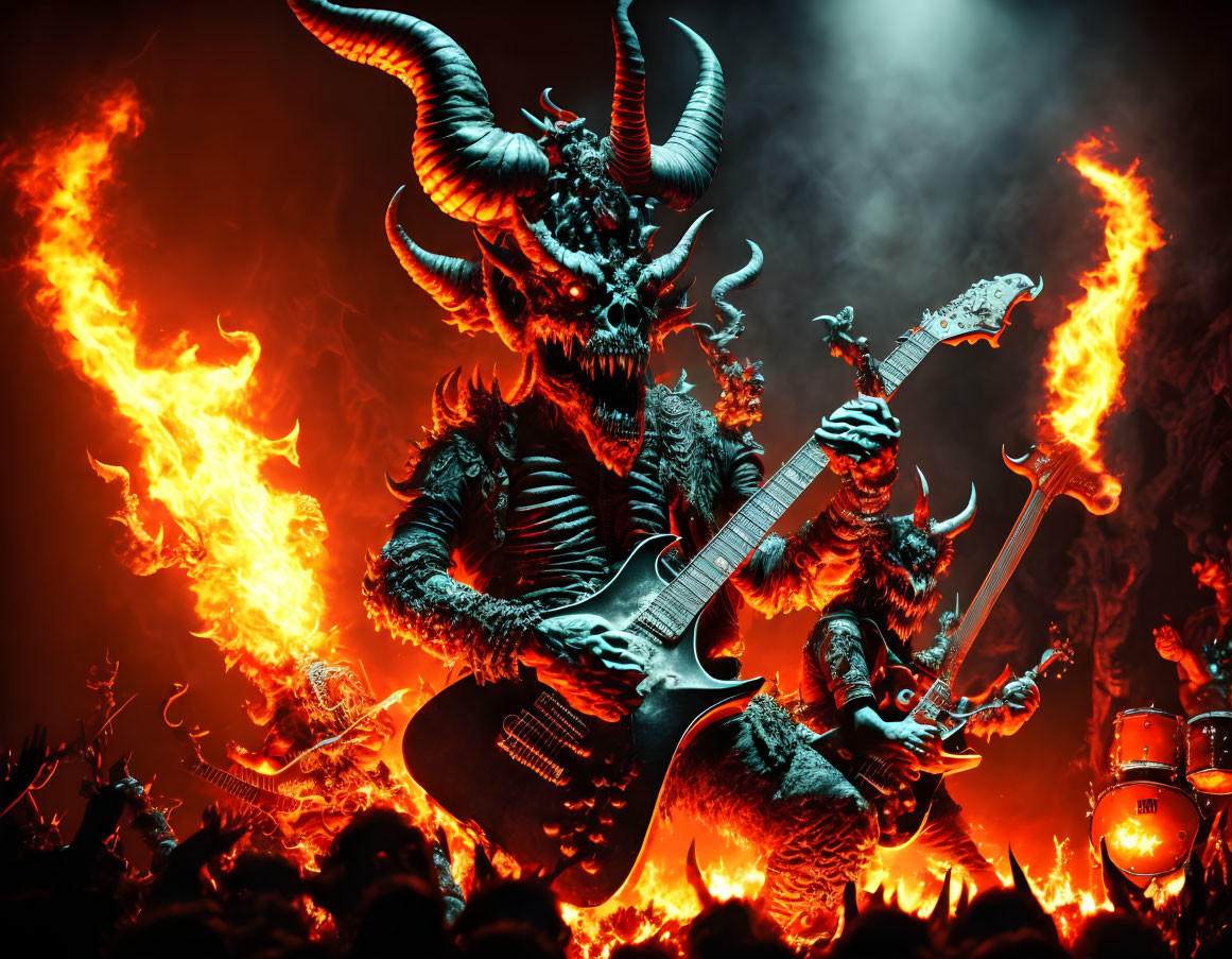 Horned demonic creature playing guitar in fiery rock concert setting