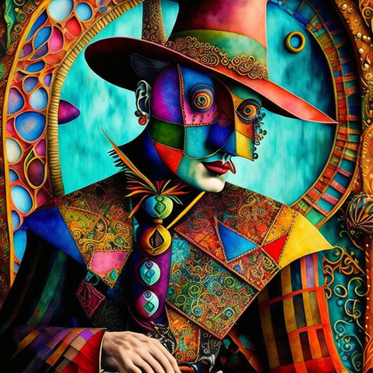 Colorful Cubist-style Figure Painting with Geometric Shapes and Hat