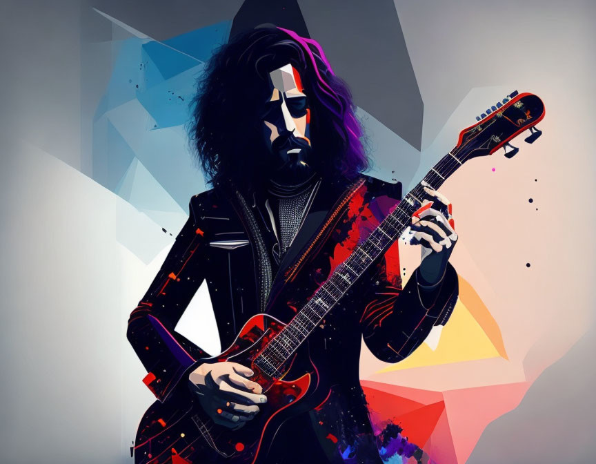 Musician with Long Hair Playing Red Electric Guitar on Colorful Geometric Background