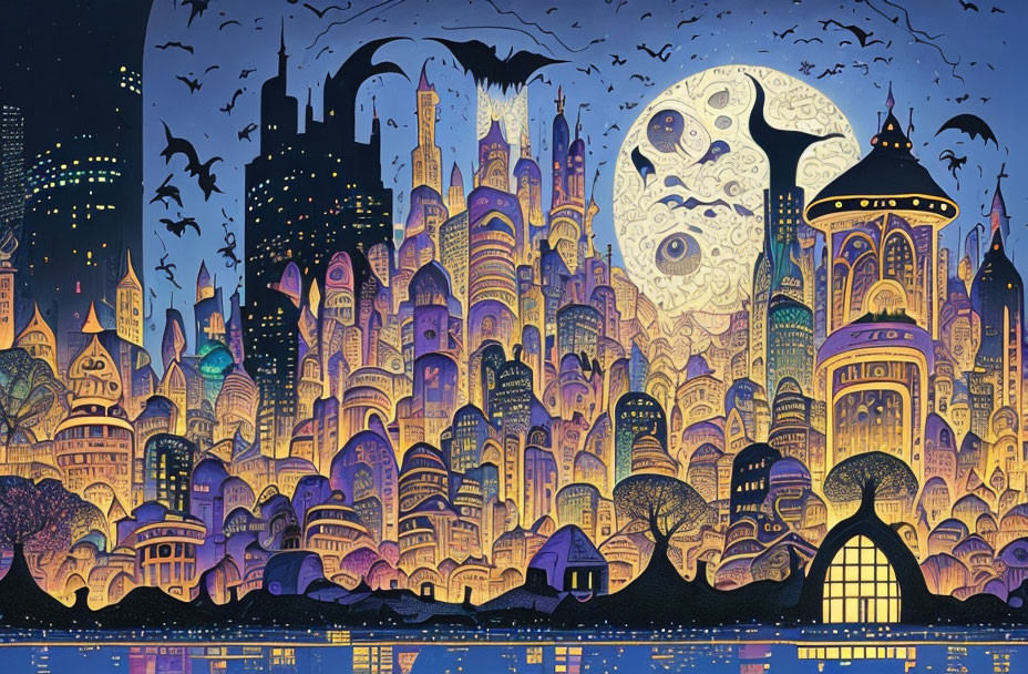 Fantastical cityscape at night with oversized moon, silhouetted bats, and whimsical