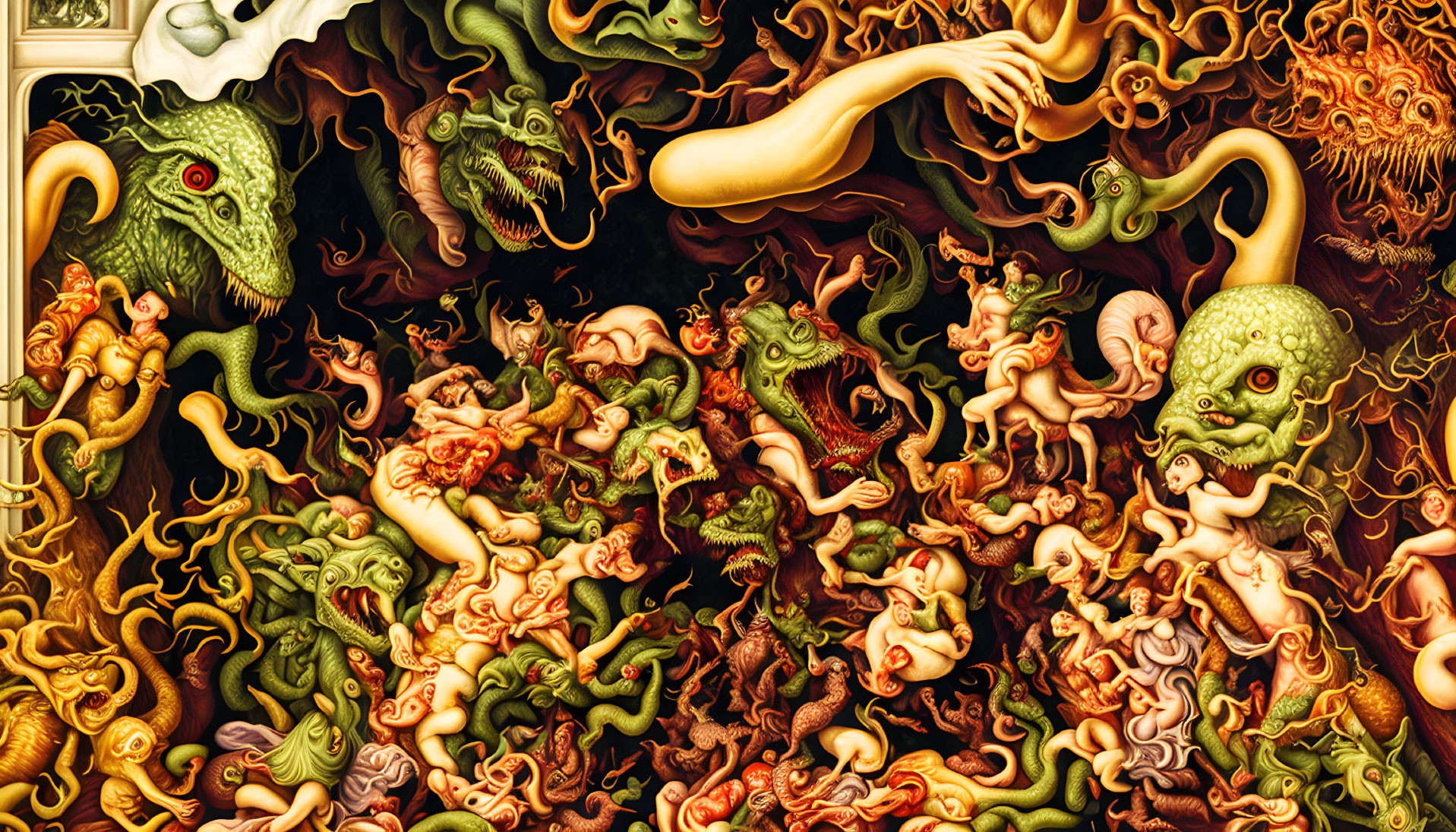 Detailed Surrealist Painting with Fantastical Creatures in Green, Orange, and Yellow