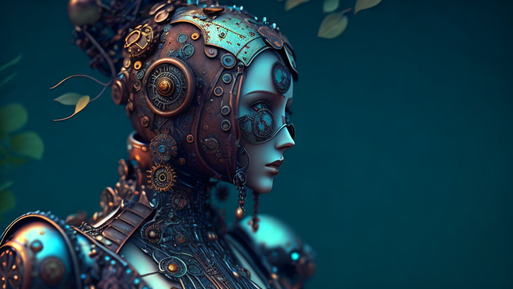 Steampunk female android portrait with metal gears and monocular eyepiece