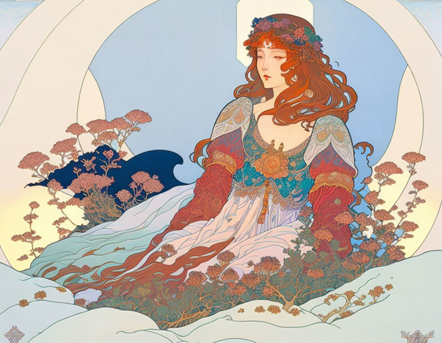 Art Nouveau Style Illustration of Red-Haired Woman in Floral Crown