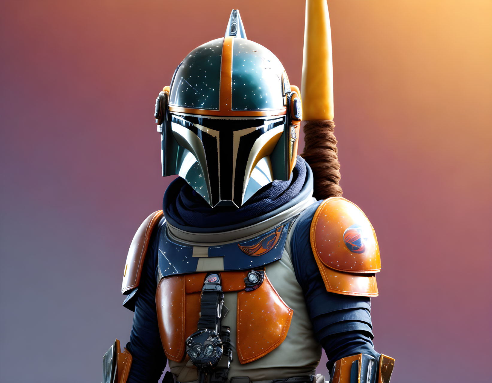 Detailed Illustration of Blue and Orange Mandalorian Armor with T-Visor Helmet and Cape