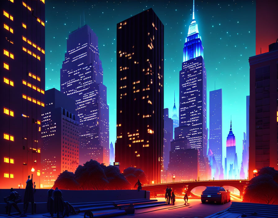 Twilight cityscape illustration with silhouettes of people and cars