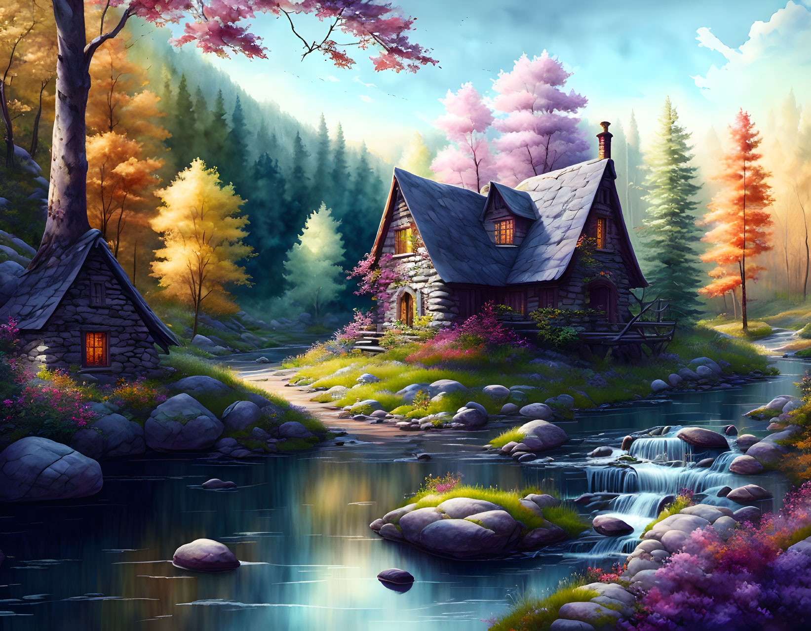 Tranquil streamside cottage surrounded by autumn trees