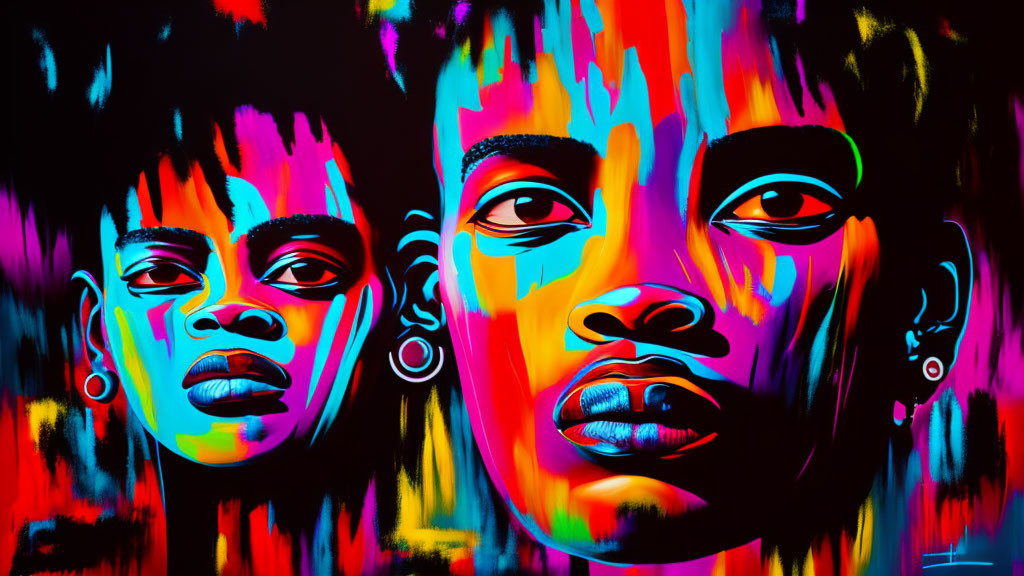 Abstract digital artwork: Two faces with intense expressions in neon colors