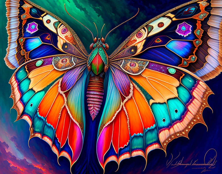 Colorful Stylized Butterfly with Cosmic Background