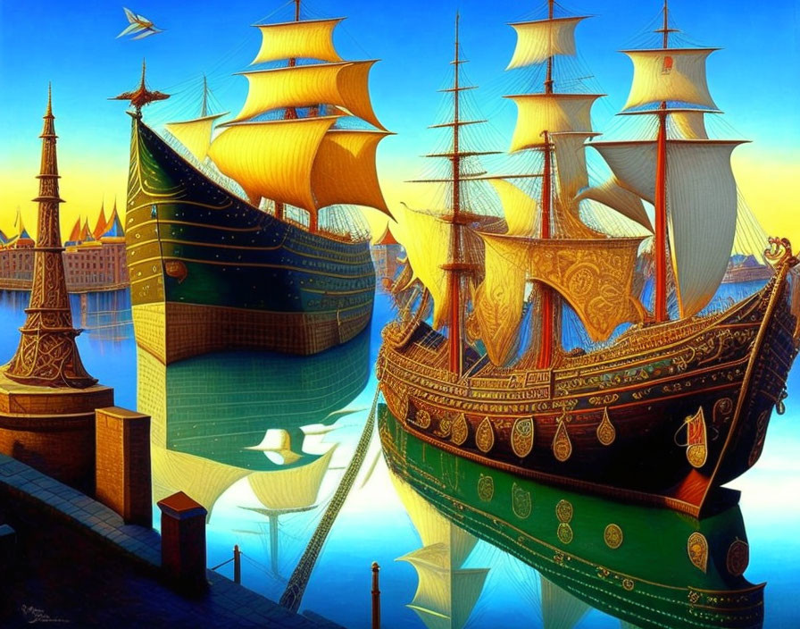 Vibrant surreal painting of ornate ships in a dreamlike harbor