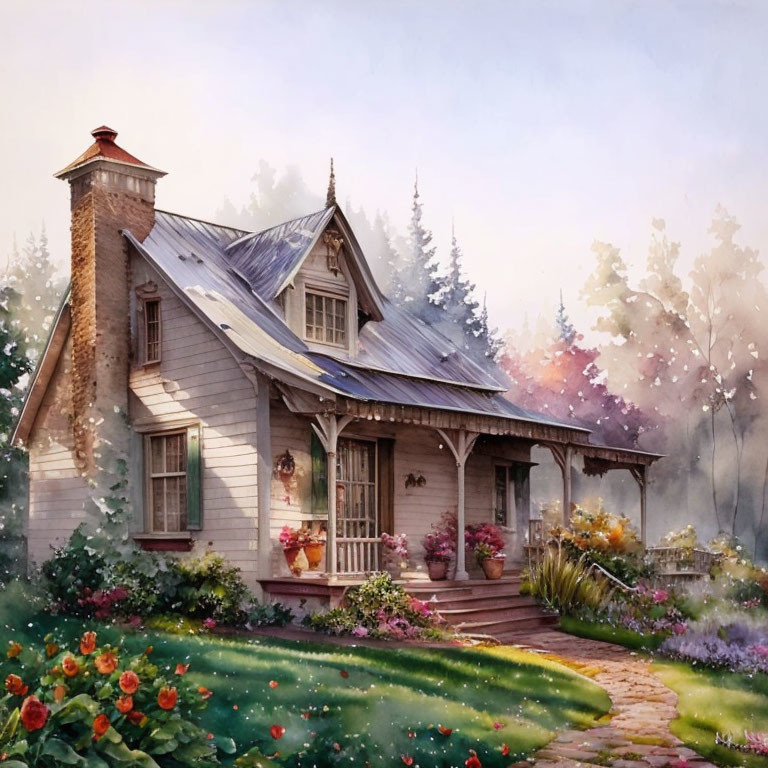 Tranquil Watercolor Painting of Cottage with Porch