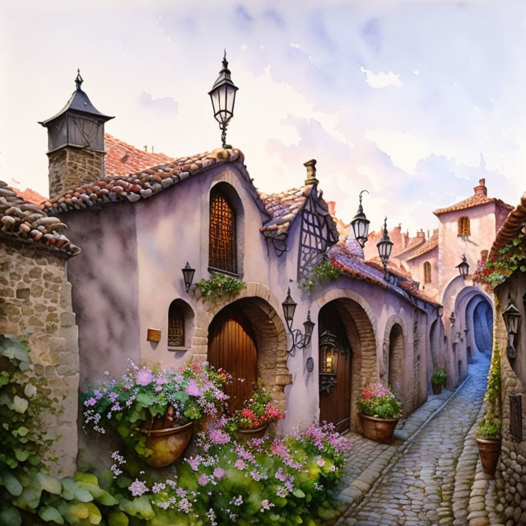 Traditional cobblestone street with stone houses, flowers, and vintage lamps