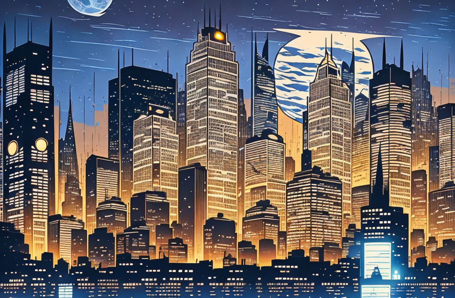 Futuristic cityscape illustration with illuminated skyscrapers and two moons