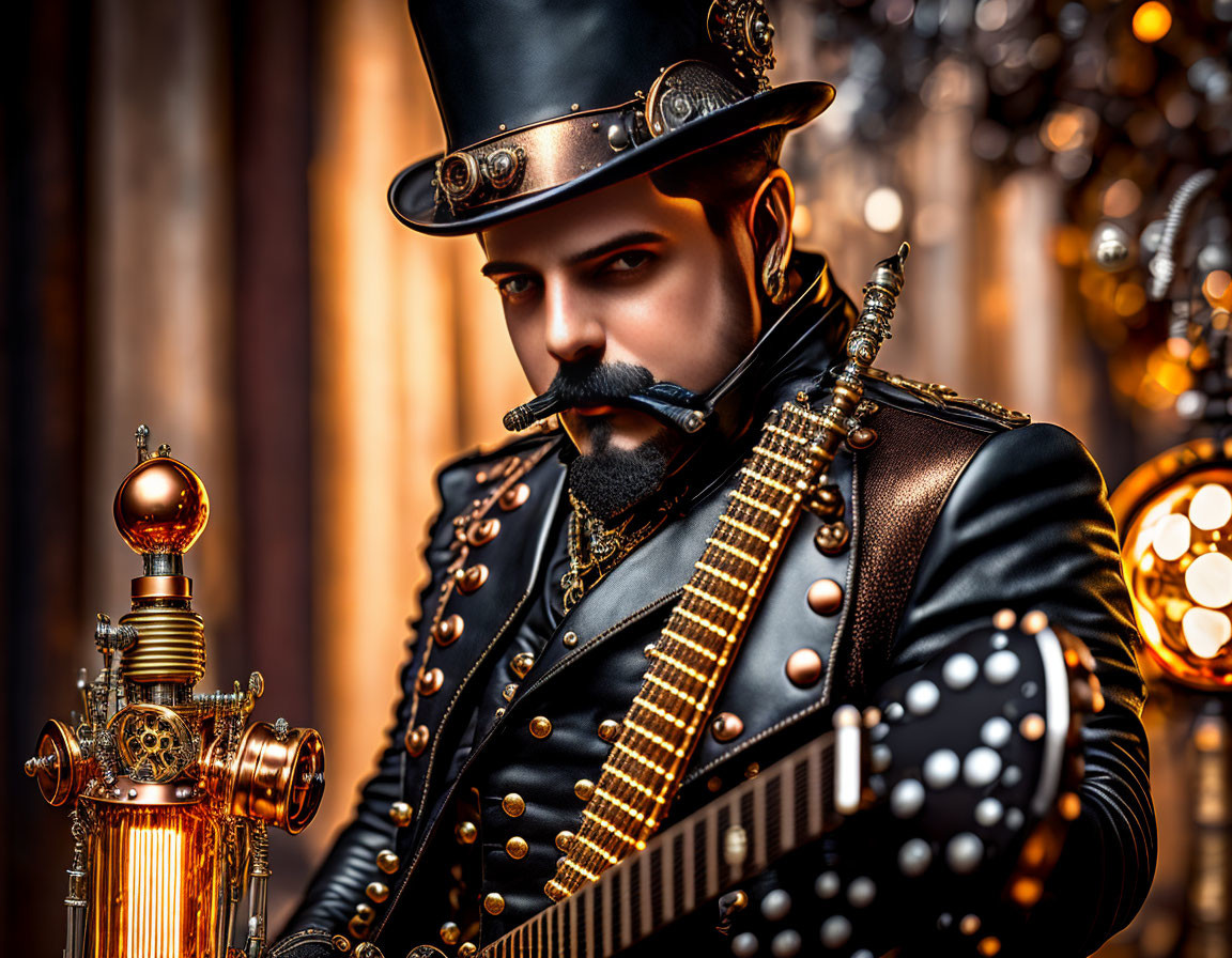 Elaborate steampunk attire with top hat, goggles, and brass gadget