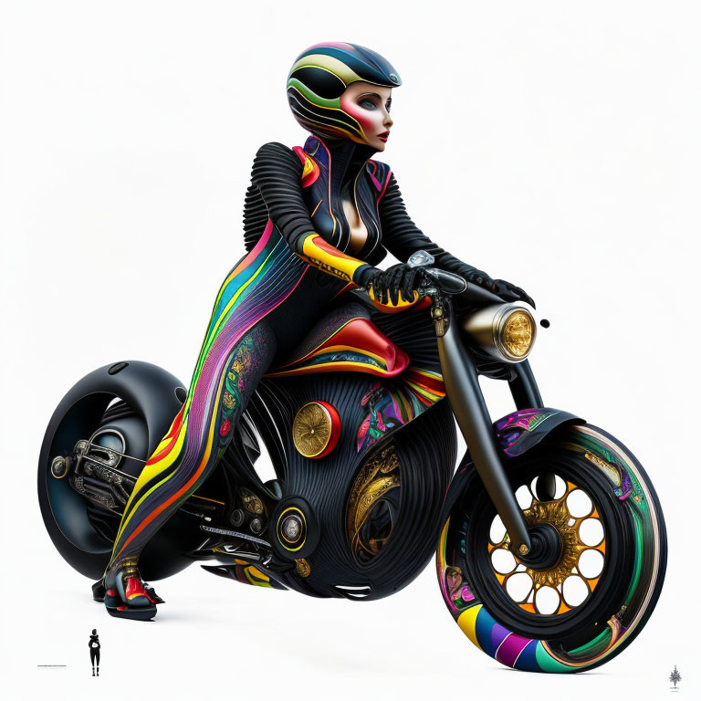 Futuristic female figure in vibrant suit on stylized motorcycle