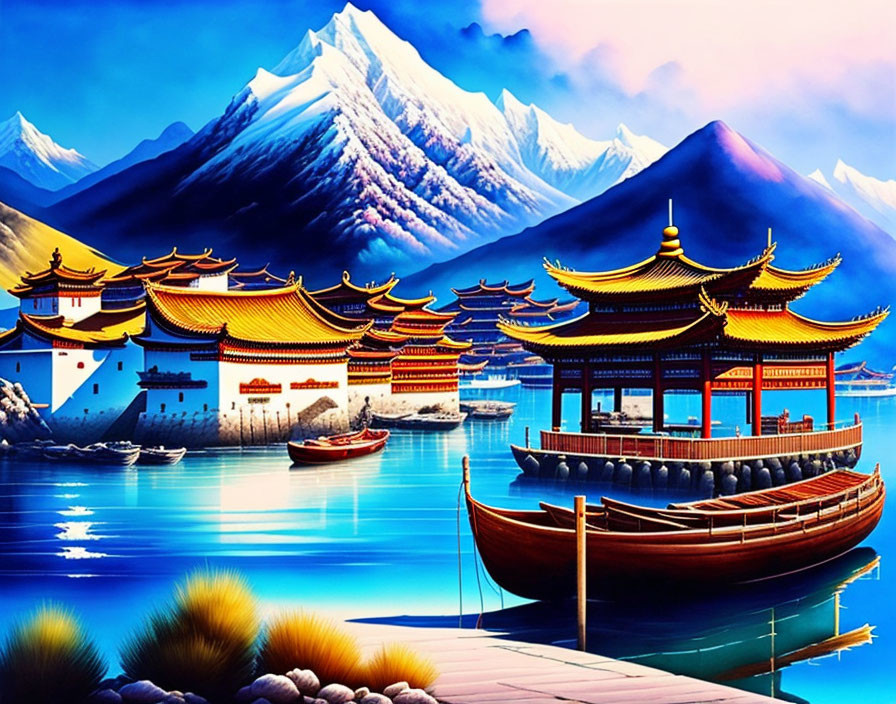 Traditional Chinese architecture: Pagodas, lake, boats, mountains