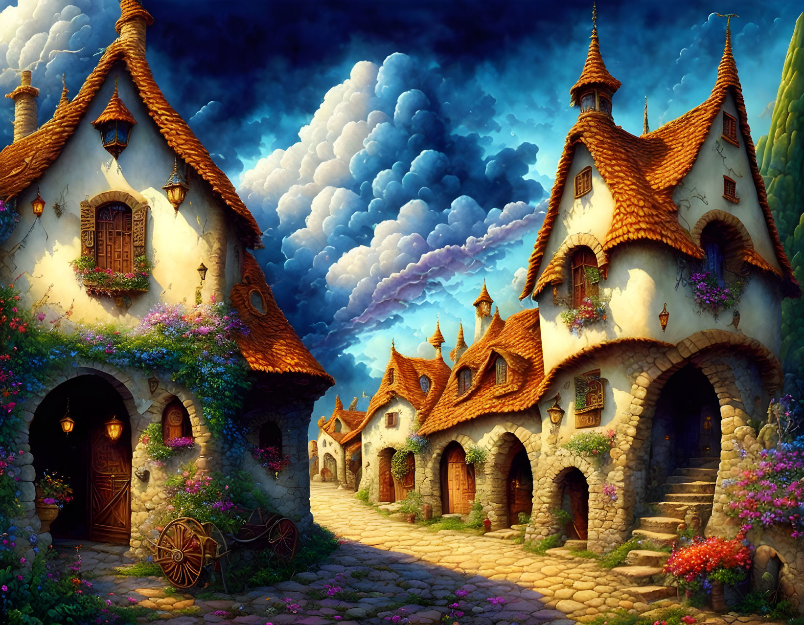 Whimsical fantasy village with vibrant cottages and dramatic twilight sky