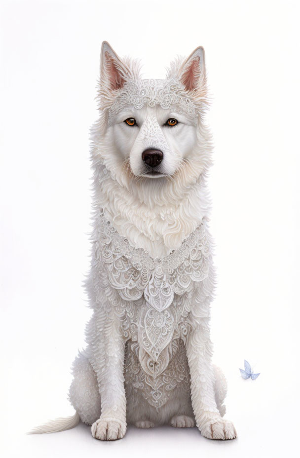 Ornately decorated white wolf with intricate patterns beside blue butterfly