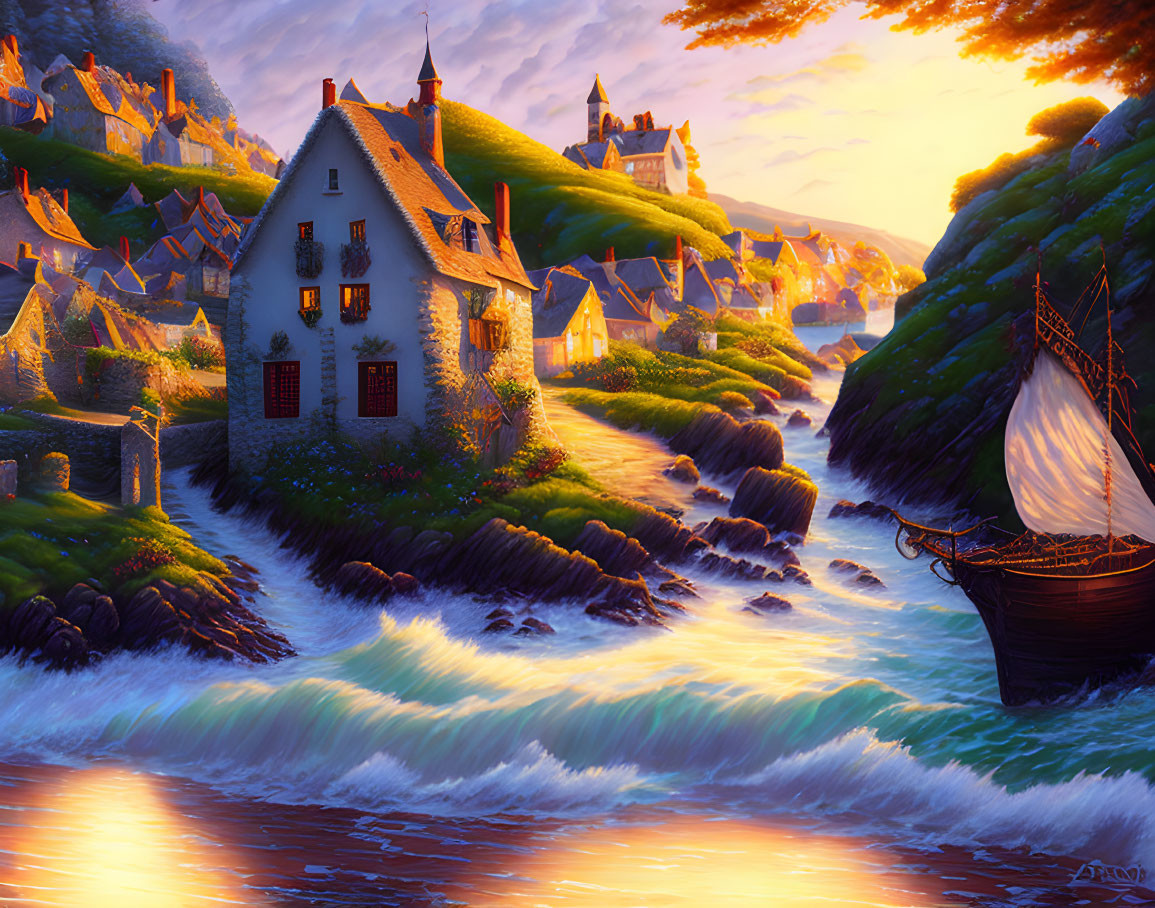 Tranquil fantasy landscape: sunset, sailing ship, river, green hills, stone houses, warm