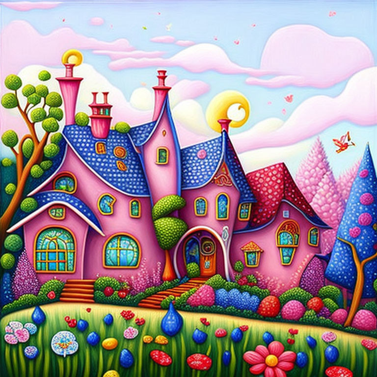 Vibrant painting of pink fantasy cottage in nature landscape